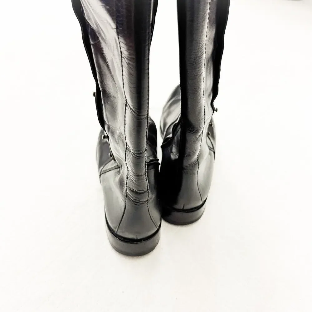 Cole Haan Black Leather Zip Up Riding Biker Boots Riveted Knee High Size 7 EUC